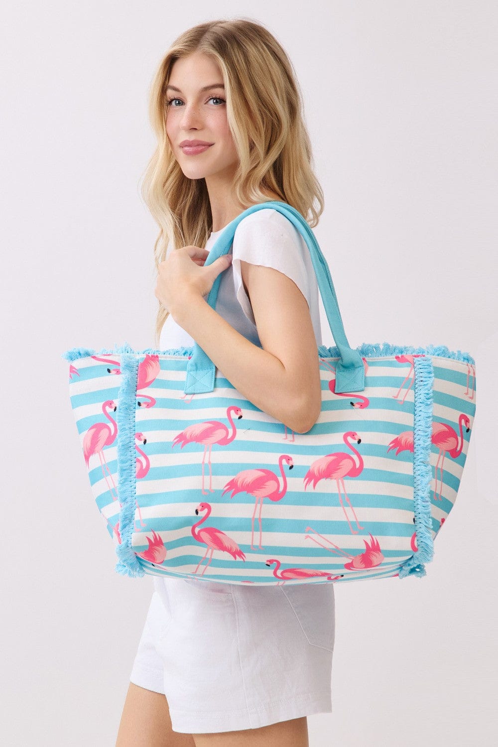 MB0335 Flamingo Stripe Fringe Beach Tote Bag - MiMi Wholesale