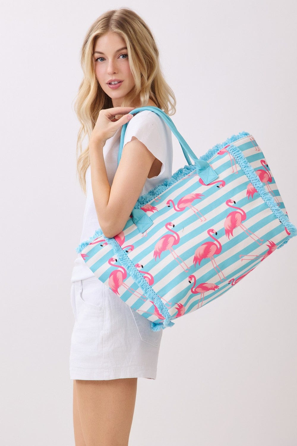 MB0335 Flamingo Stripe Fringe Beach Tote Bag - MiMi Wholesale