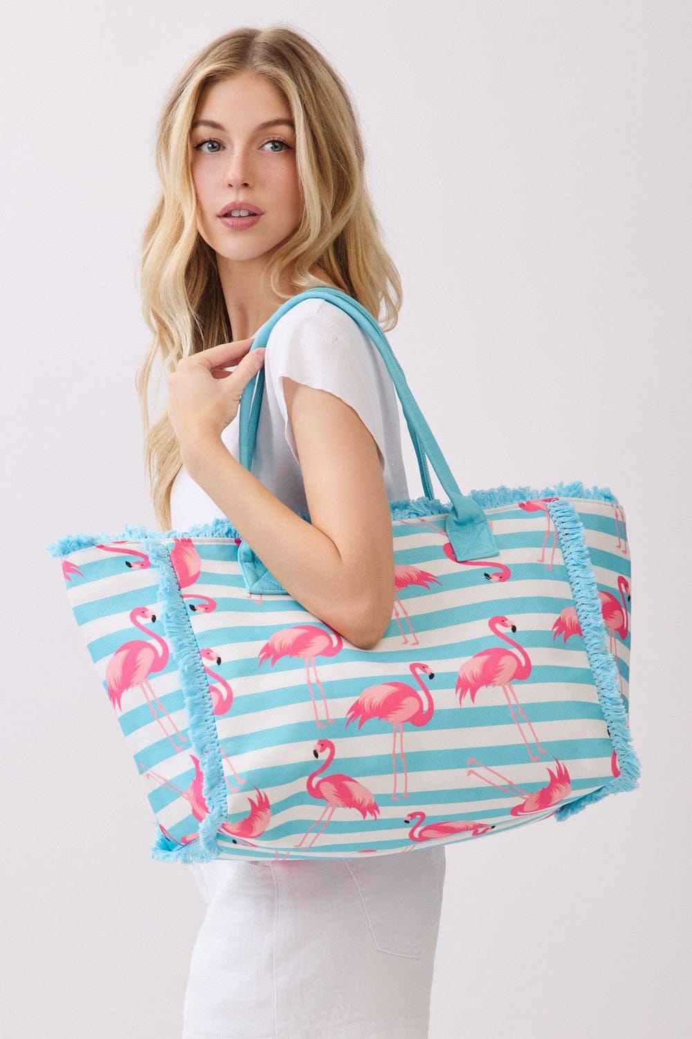 MB0335 Flamingo Stripe Fringe Beach Tote Bag - MiMi Wholesale