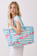 MB0335 Flamingo Stripe Fringe Beach Tote Bag - MiMi Wholesale