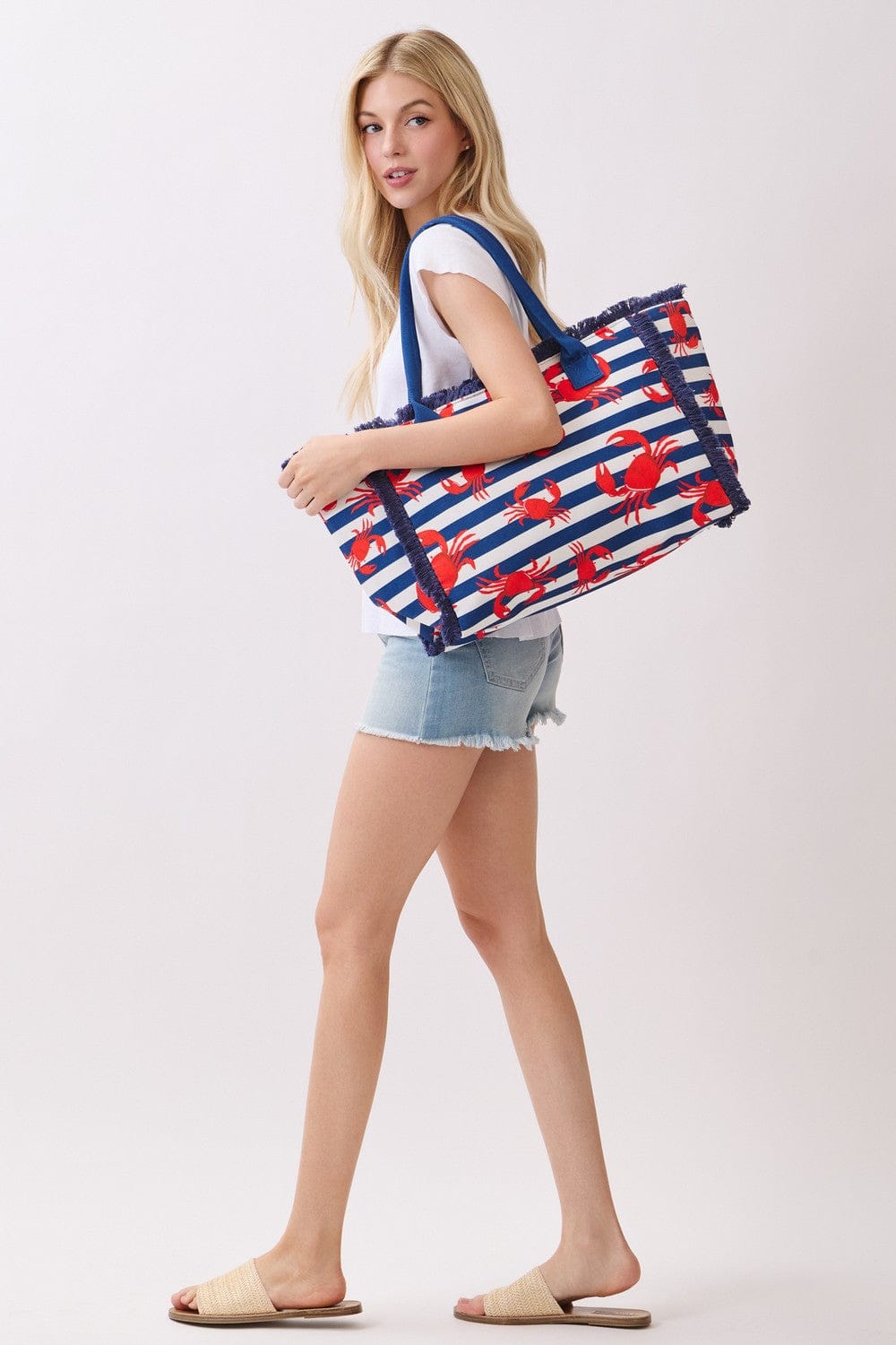 MB0336 Crab Stripe Fringe Beach Tote Bag - MiMi Wholesale