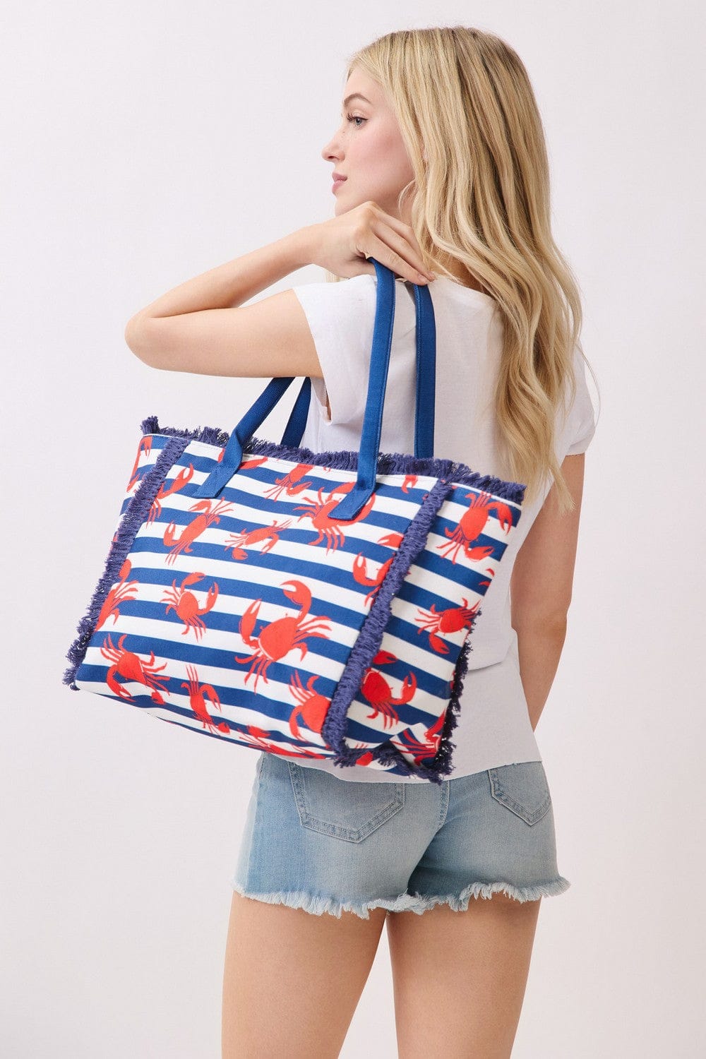 MB0336 Crab Stripe Fringe Beach Tote Bag - MiMi Wholesale