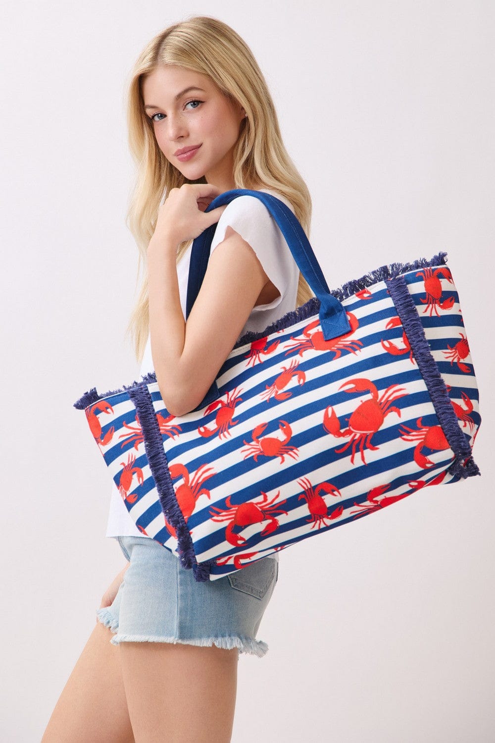 MB0336 Crab Stripe Fringe Beach Tote Bag - MiMi Wholesale