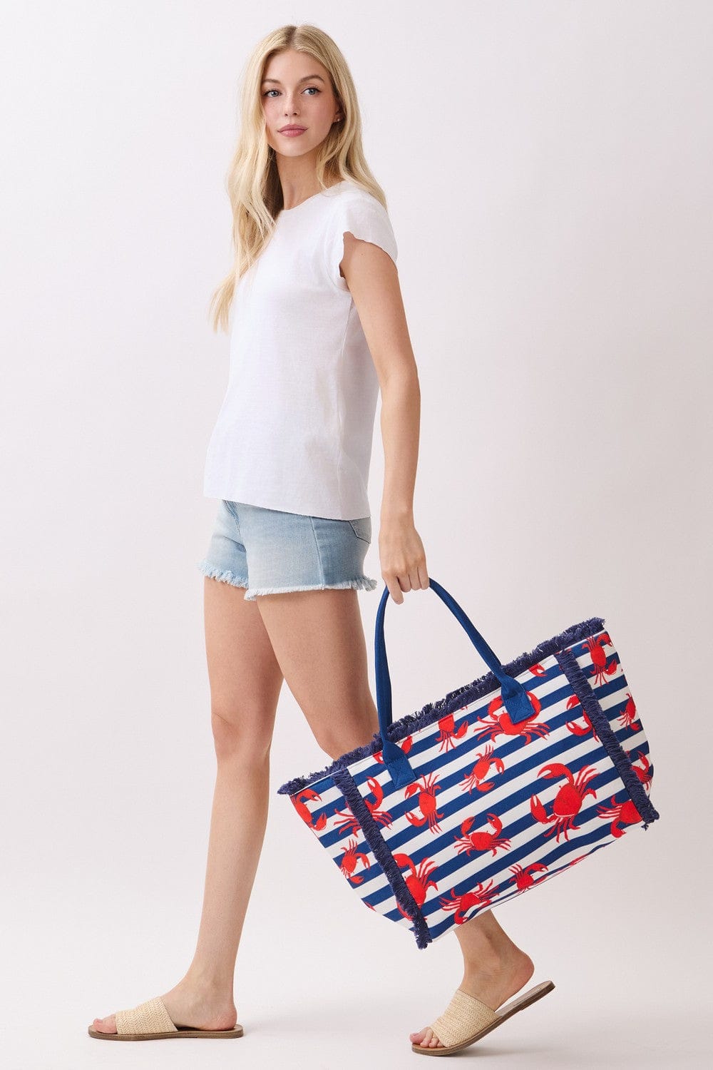 MB0336 Crab Stripe Fringe Beach Tote Bag - MiMi Wholesale
