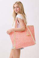 MB0338 Two Tone Woven Straw Beach Tote Bag - MiMi Wholesale