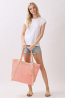 MB0338 Two Tone Woven Straw Beach Tote Bag - MiMi Wholesale