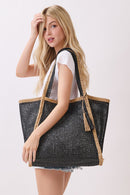 MB0338 Two Tone Woven Straw Beach Tote Bag - MiMi Wholesale