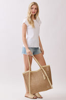 MB0338 Two Tone Woven Straw Beach Tote Bag - MiMi Wholesale