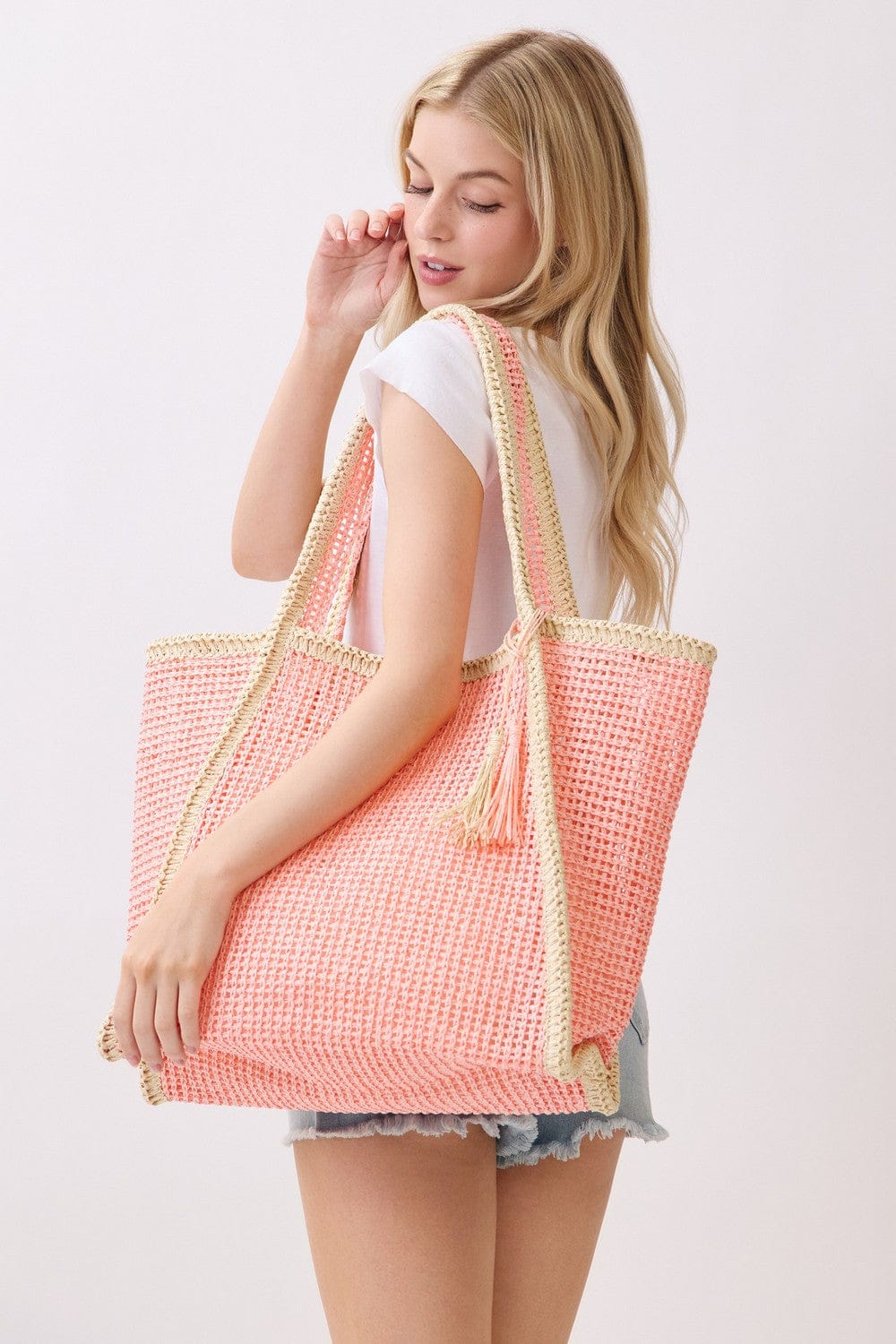 MB0338 Two Tone Woven Straw Beach Tote Bag - MiMi Wholesale