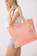 MB0338 Two Tone Woven Straw Beach Tote Bag - MiMi Wholesale
