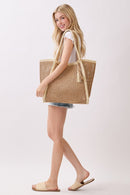 MB0338 Two Tone Woven Straw Beach Tote Bag - MiMi Wholesale
