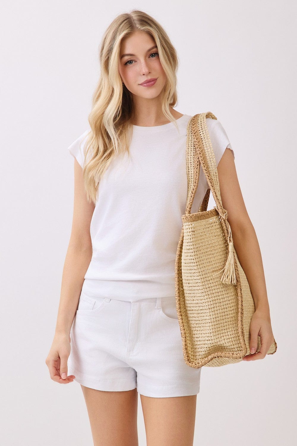MB0338 Two Tone Woven Straw Beach Tote Bag - MiMi Wholesale