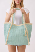 MB0338 Two Tone Woven Straw Beach Tote Bag - MiMi Wholesale