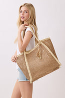 MB0338 Two Tone Woven Straw Beach Tote Bag - MiMi Wholesale