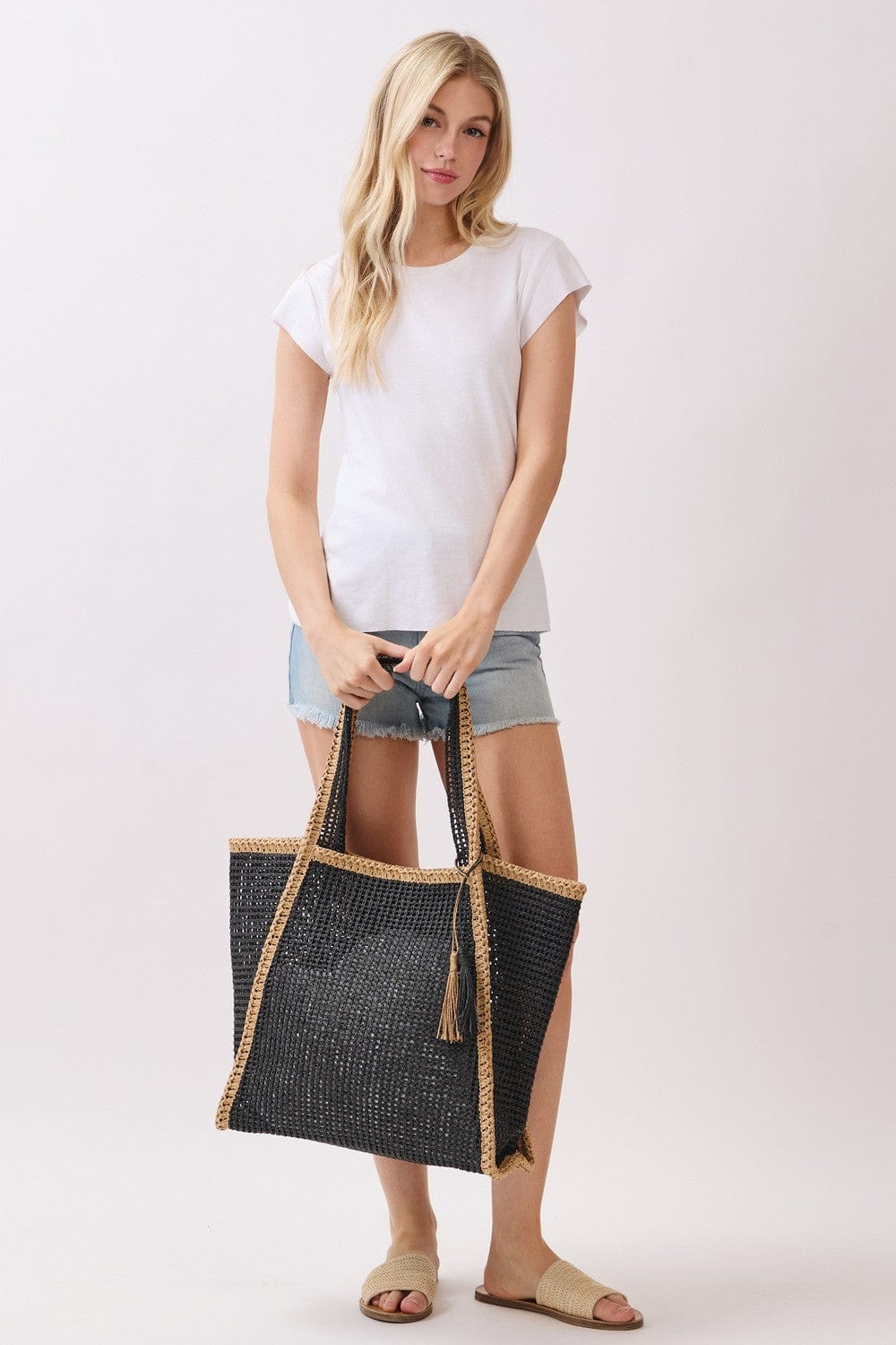 MB0338 Two Tone Woven Straw Beach Tote Bag - MiMi Wholesale