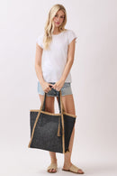 MB0338 Two Tone Woven Straw Beach Tote Bag - MiMi Wholesale