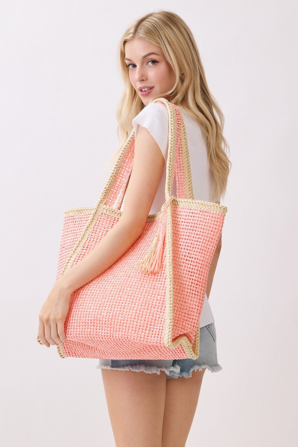 MB0338 Two Tone Woven Straw Beach Tote Bag - MiMi Wholesale