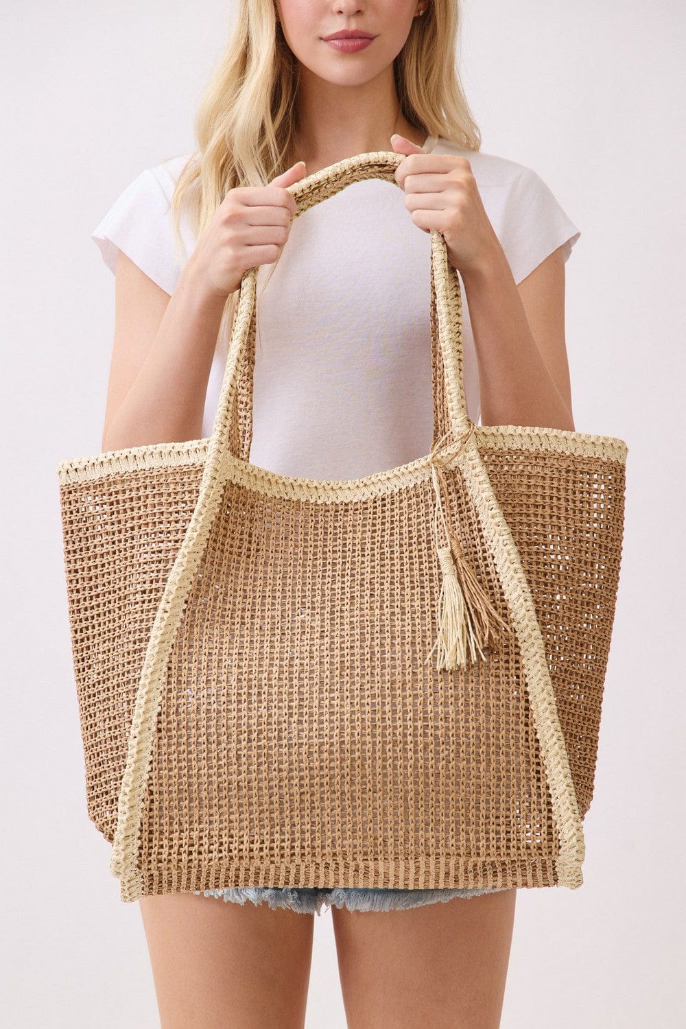 MB0338 Two Tone Woven Straw Beach Tote Bag - MiMi Wholesale