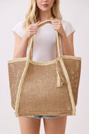 MB0338 Two Tone Woven Straw Beach Tote Bag - MiMi Wholesale