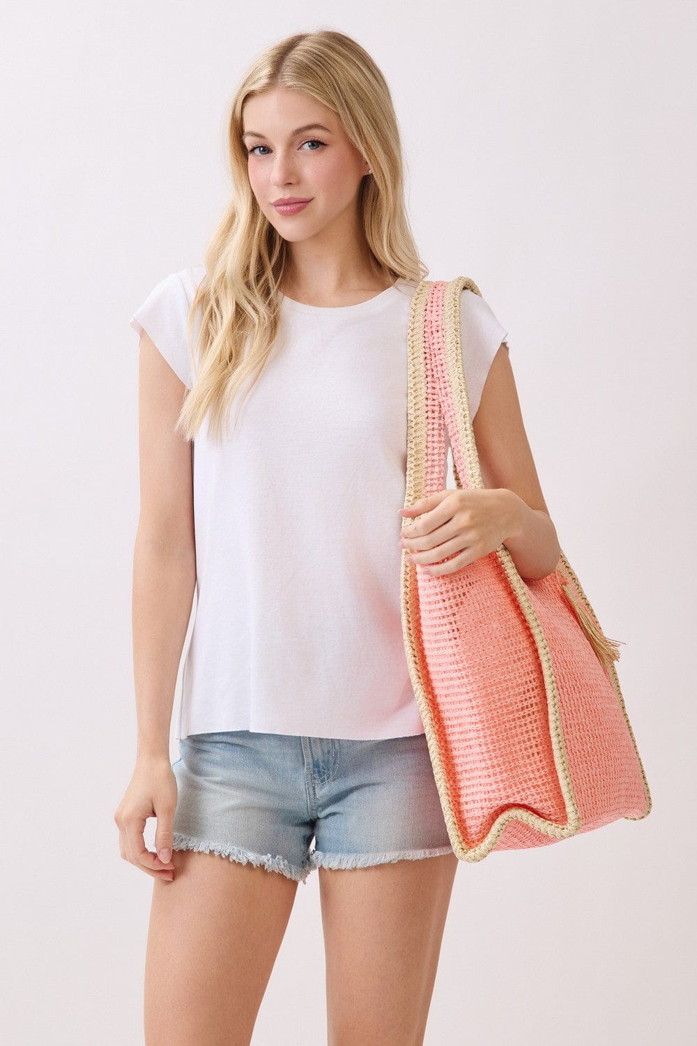 MB0338 Two Tone Woven Straw Beach Tote Bag - MiMi Wholesale