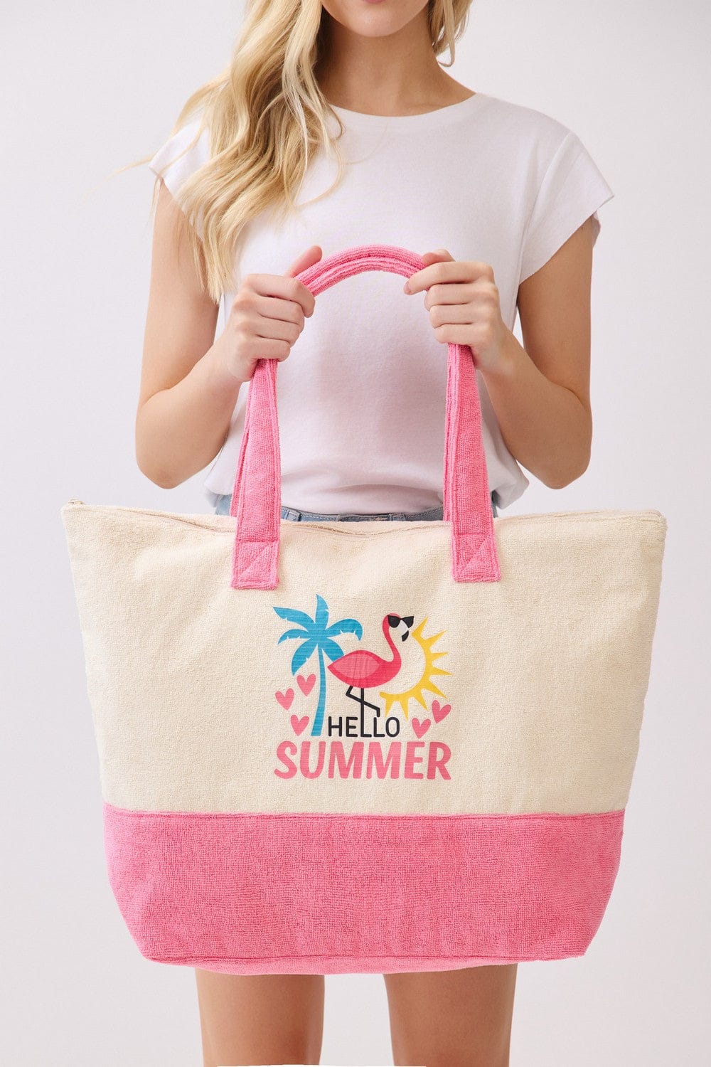 MB0344 Hello Summer Flamingo Terry Beach Tote Bag - MiMi Wholesale