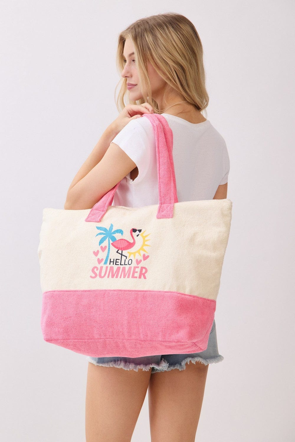 MB0344 Hello Summer Flamingo Terry Beach Tote Bag - MiMi Wholesale