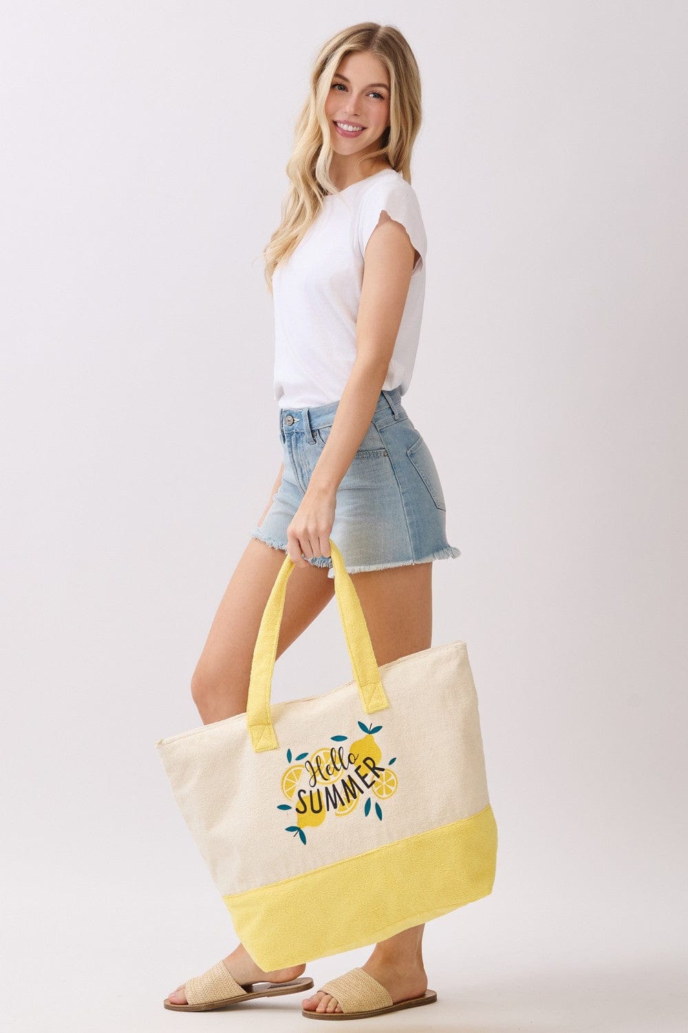 MB0349 Hello Summer Lemon Terry Beach Tote Bag - MiMi Wholesale