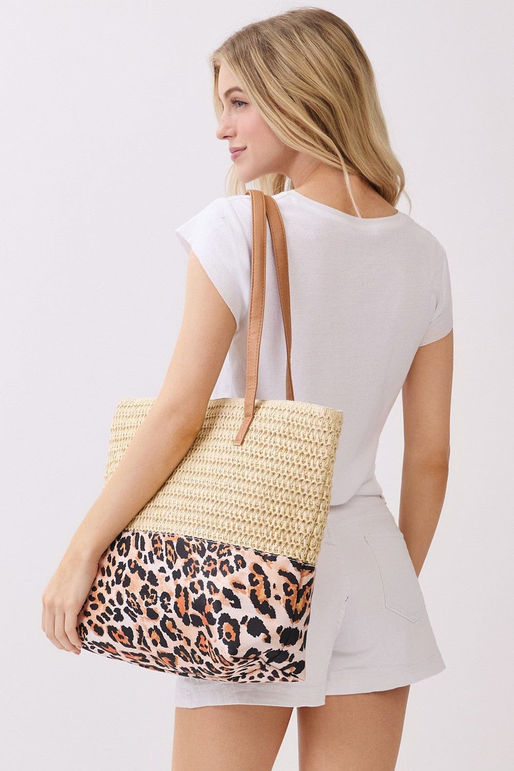 MB0352 Leopard Print Straw Tote Bag - MiMi Wholesale