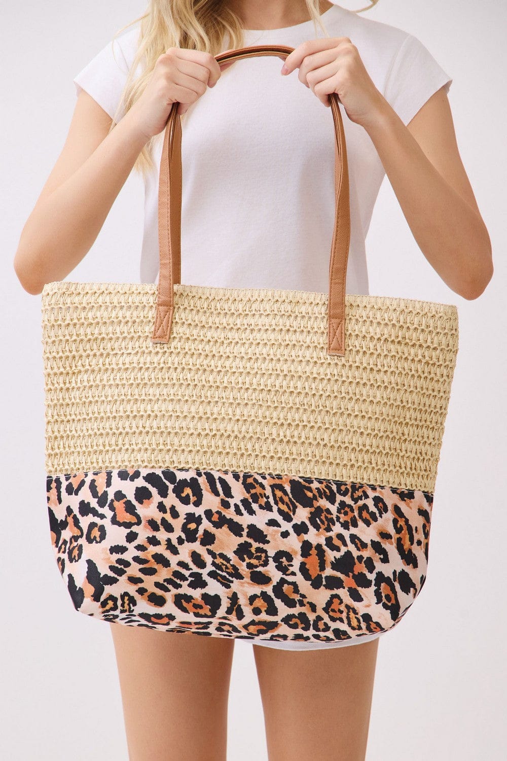MB0352 Leopard Print Straw Tote Bag - MiMi Wholesale