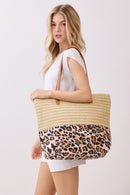 MB0352 Leopard Print Straw Tote Bag - MiMi Wholesale