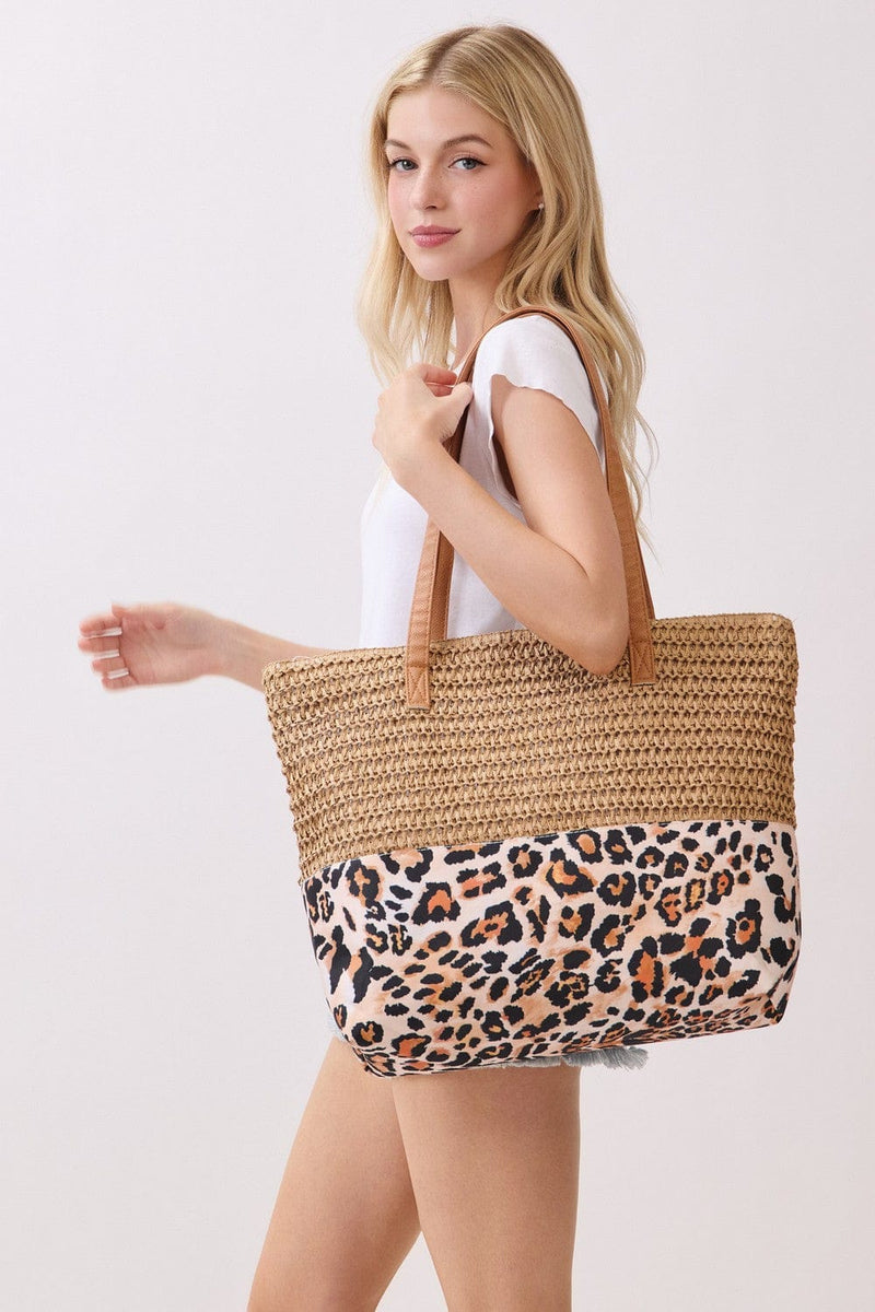 MB0352 Leopard Print Straw Tote Bag