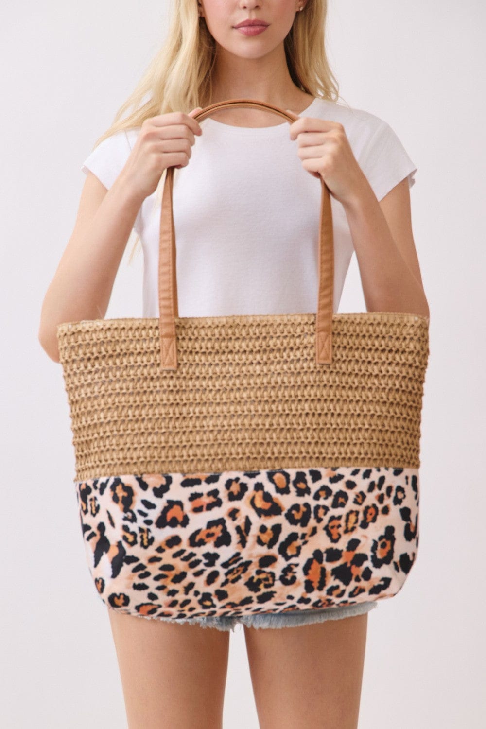 MB0352 Leopard Print Straw Tote Bag - MiMi Wholesale