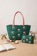 MB0375 Pink Bows Quilted Puffer Tote Bag - MiMi Wholesale