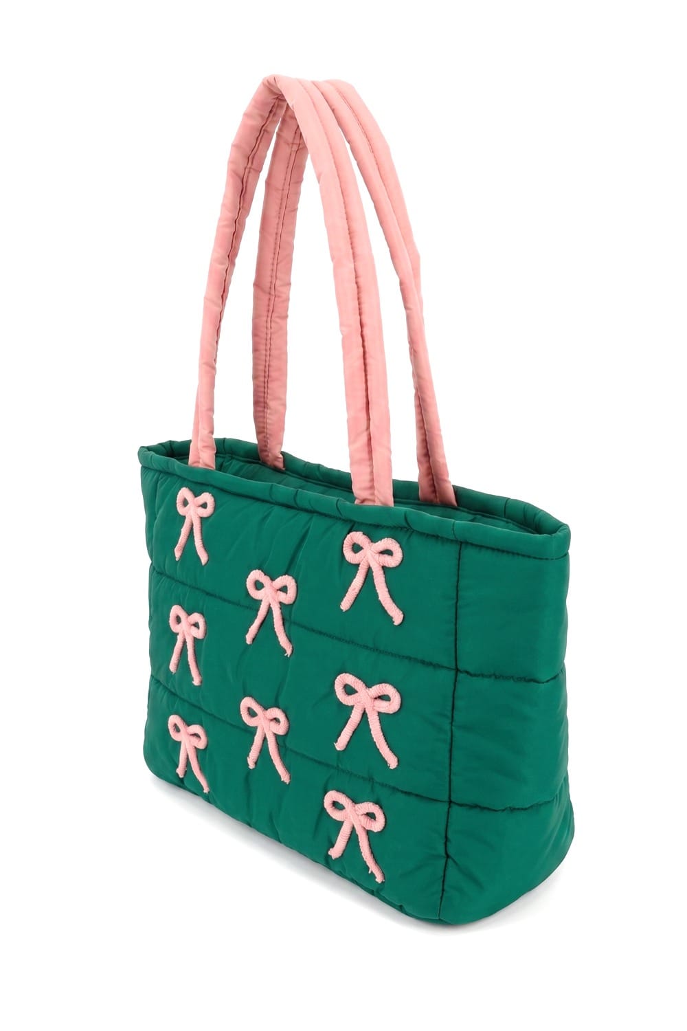 MB0375 Pink Bows Quilted Puffer Tote Bag - MiMi Wholesale