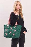 MB0375 Pink Bows Quilted Puffer Tote Bag - MiMi Wholesale