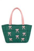 MB0375 Pink Bows Quilted Puffer Tote Bag - MiMi Wholesale