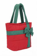 MB0376 Bow Accent Gift Box Quilted Puffer Tote Bag - MiMi Wholesale