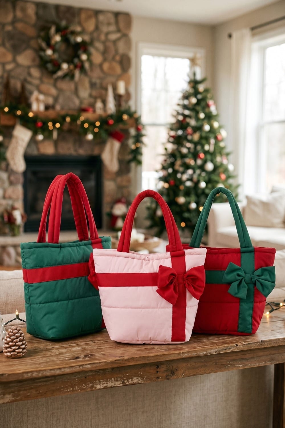 MB0376 Bow Accent Gift Box Quilted Puffer Tote Bag - MiMi Wholesale