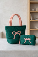 MB0380 Pink Bow Quilted Puffer Tote Bag - MiMi Wholesale