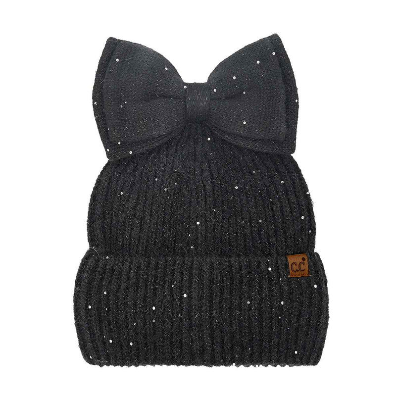 MBE0104 Messy Bun Bow With Sequins Beanie - MiMi Wholesale