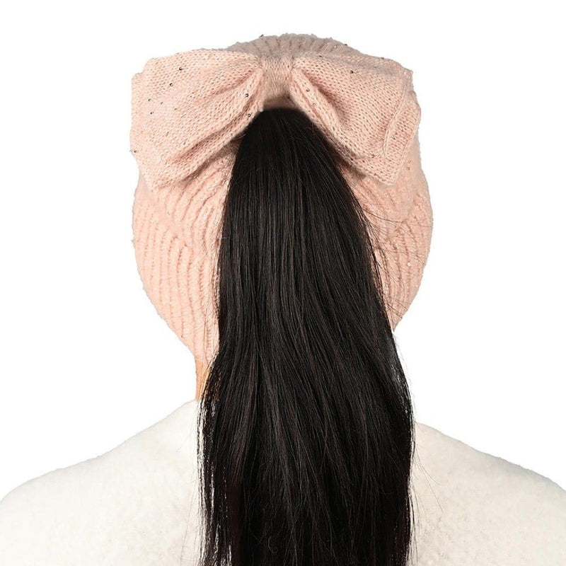 MBE0104 Messy Bun Bow With Sequins Beanie - MiMi Wholesale