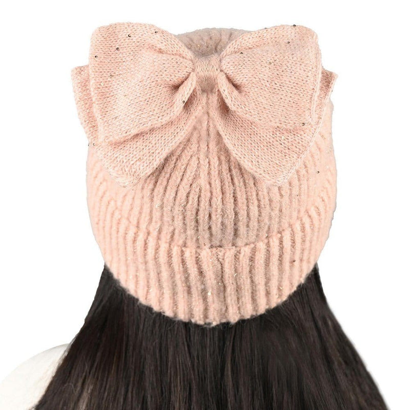 MBE0104 Messy Bun Bow With Sequins Beanie - MiMi Wholesale