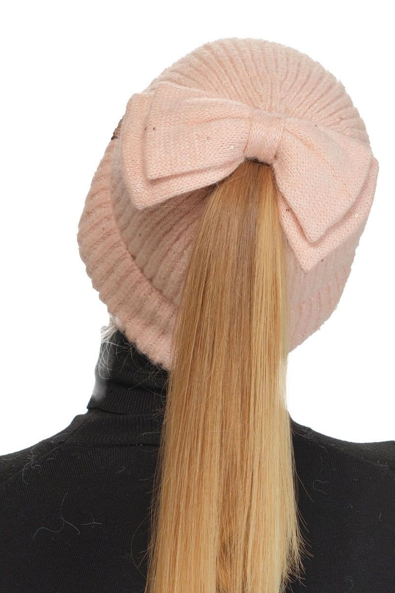 MBE0104 Messy Bun Bow With Sequins Beanie - MiMi Wholesale