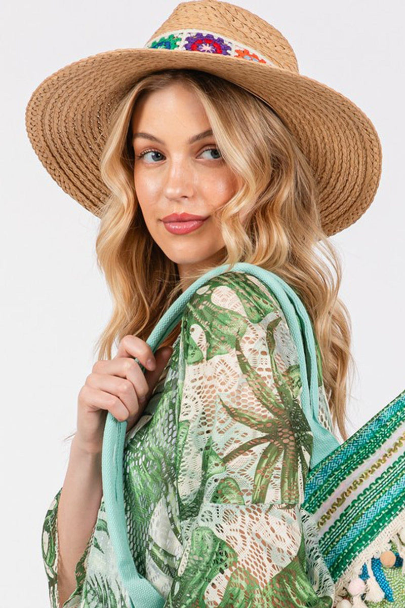 MH0174 Dallas Floral Crochet Band Straw Panama Hat - MiMi Wholesale