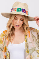 MH0174 Dallas Floral Crochet Band Straw Panama Hat - MiMi Wholesale