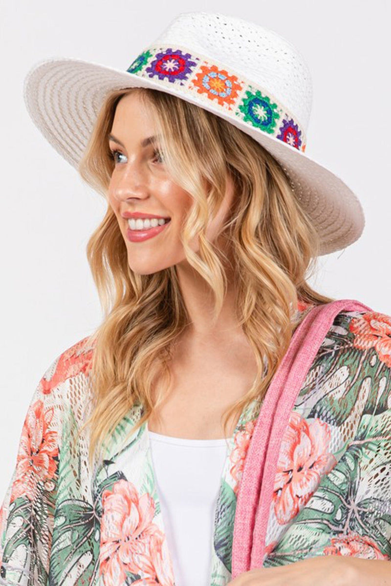 MH0174 Dallas Floral Crochet Band Straw Panama Hat - MiMi Wholesale