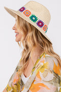 MH0174 Dallas Floral Crochet Band Straw Panama Hat - MiMi Wholesale