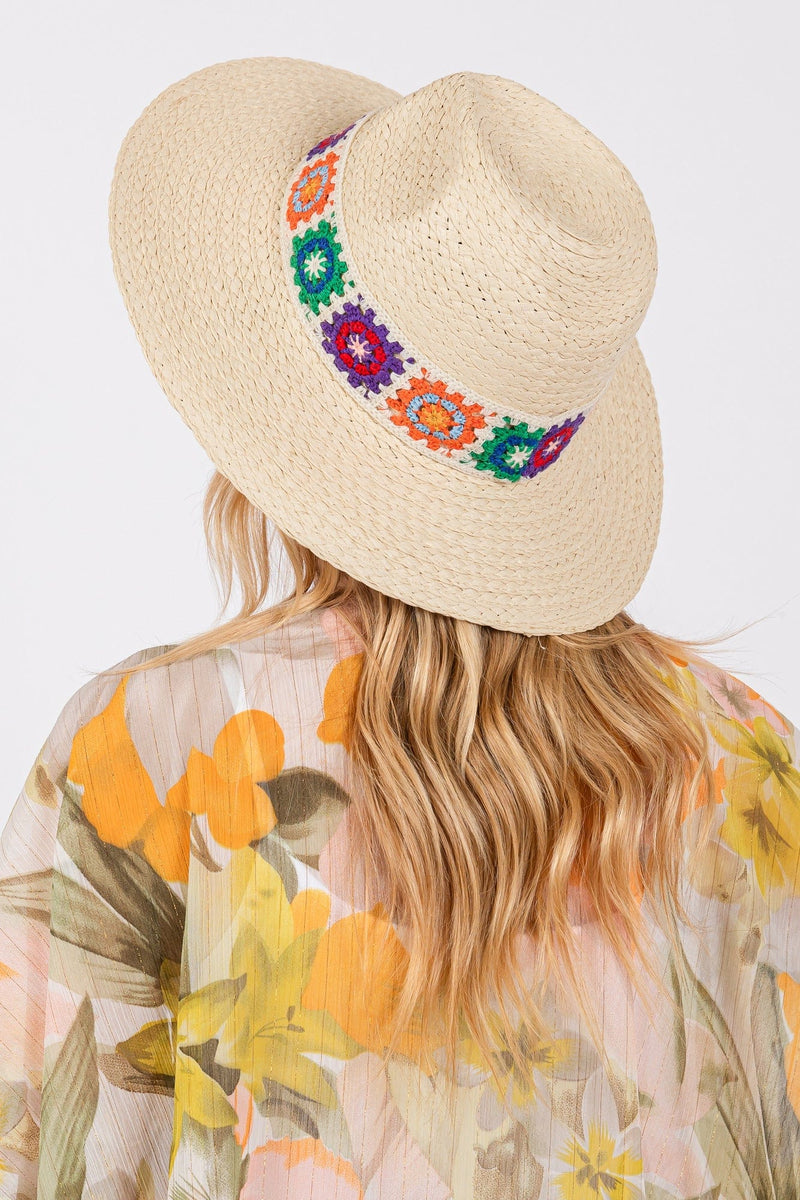 MH0174 Dallas Floral Crochet Band Straw Panama Hat - MiMi Wholesale