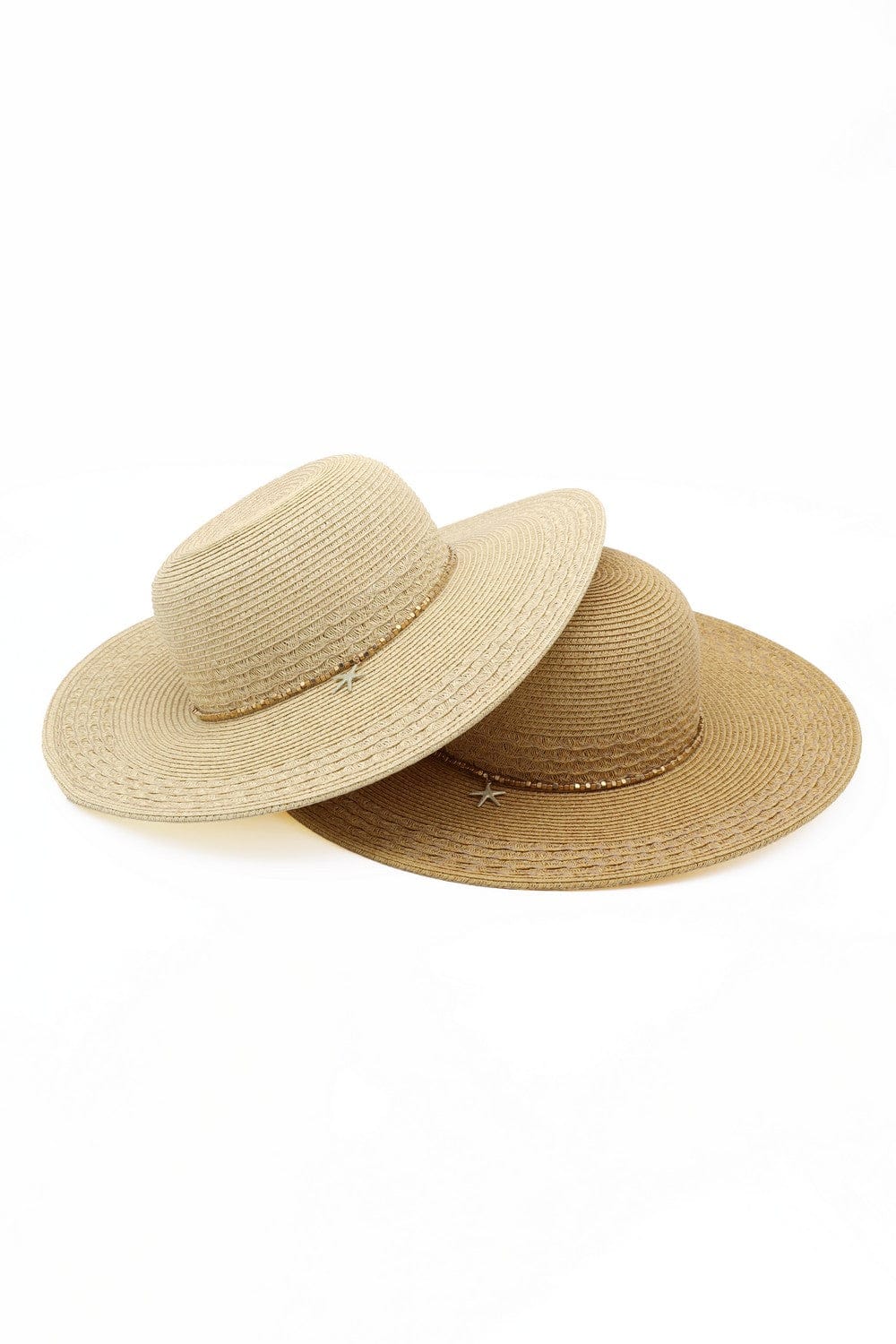 MH0286 Wide Brim Straw Hat With Starfish Sequin Charm Band - MiMi Wholesale