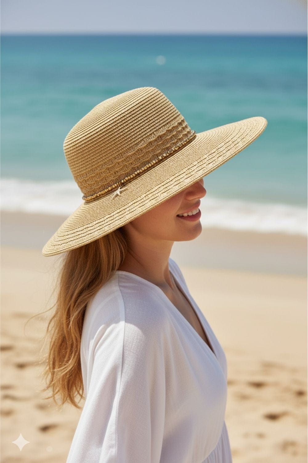 MH0286 Wide Brim Straw Hat With Starfish Sequin Charm Band - MiMi Wholesale
